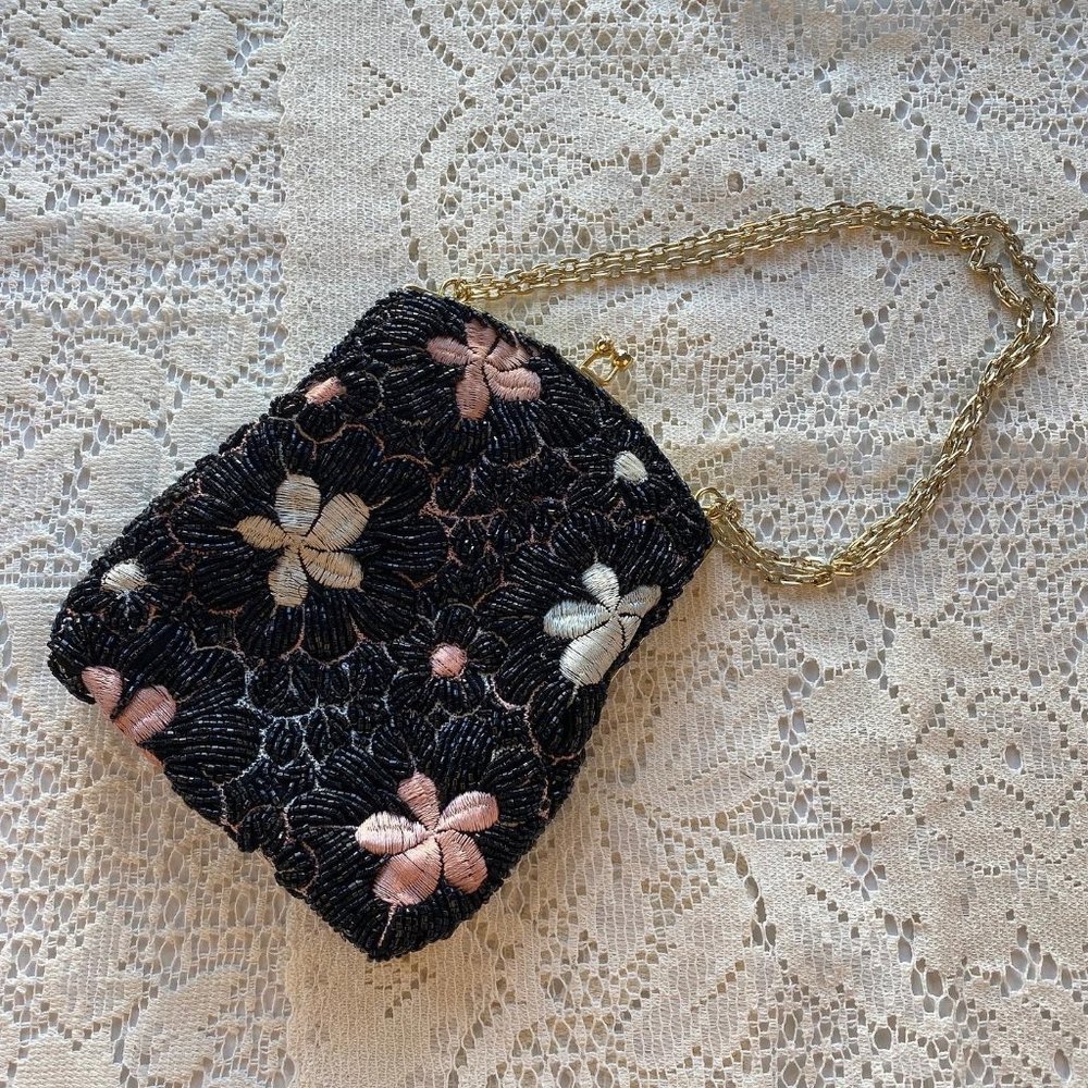 Vintage Black Beaded with Floral Pink and White Embroidery Purse w/ Chain Strap